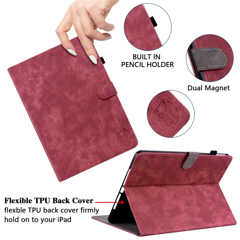Shockproof Case for Lenovo Tab P11 Pro Gen 2 PU Leather Stand Case Cute Tiger Pattern Flip Cover with Card Holder - Red - Image 5