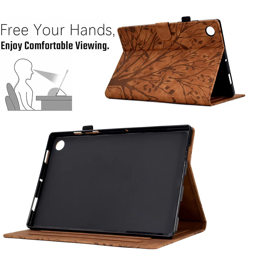 Shockproof Leather Cover for Lenovo Tab M10 Plus TB-X606F Tree Imprinted Tablet Case with Card Slot - Brown - Image 6