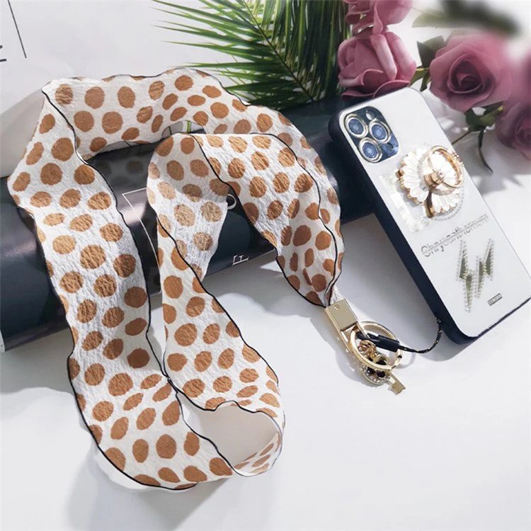 Silk Scarf Style Phone Lanyard Phone Neck Strap with Clover Pendant for Keys ID Badge - Black Dots - Image 3