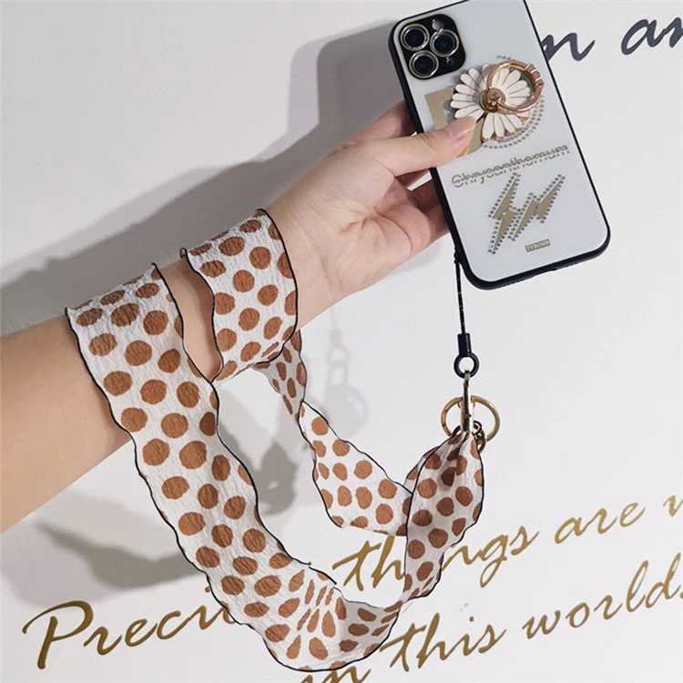Silk Scarf Style Phone Lanyard Phone Neck Strap with Clover Pendant for Keys ID Badge - Black Dots - Image 4