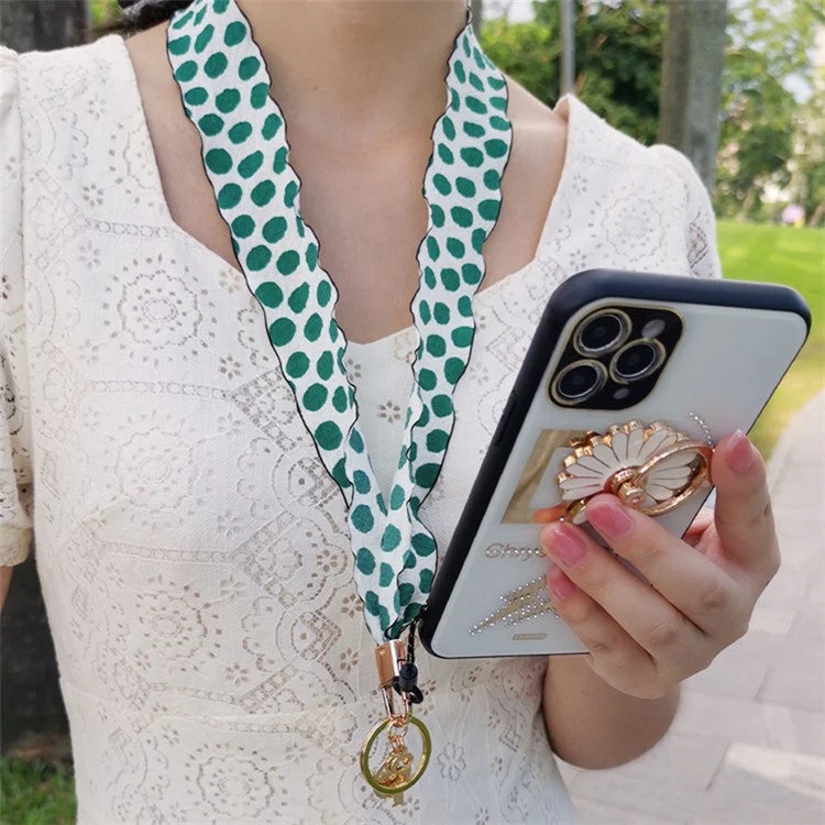 Silk Scarf Style Phone Lanyard Phone Neck Strap with Clover Pendant for Keys ID Badge - Green Dots - Image 2