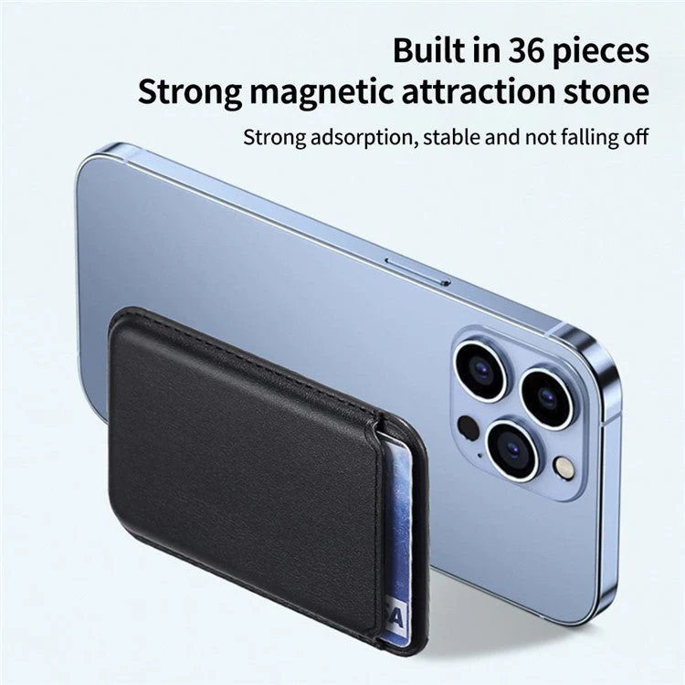 Single Ring Magnetic Card Holder for iPhone 12-16 Series PU Leather Slim Attachment - Navy Blue - Image 3