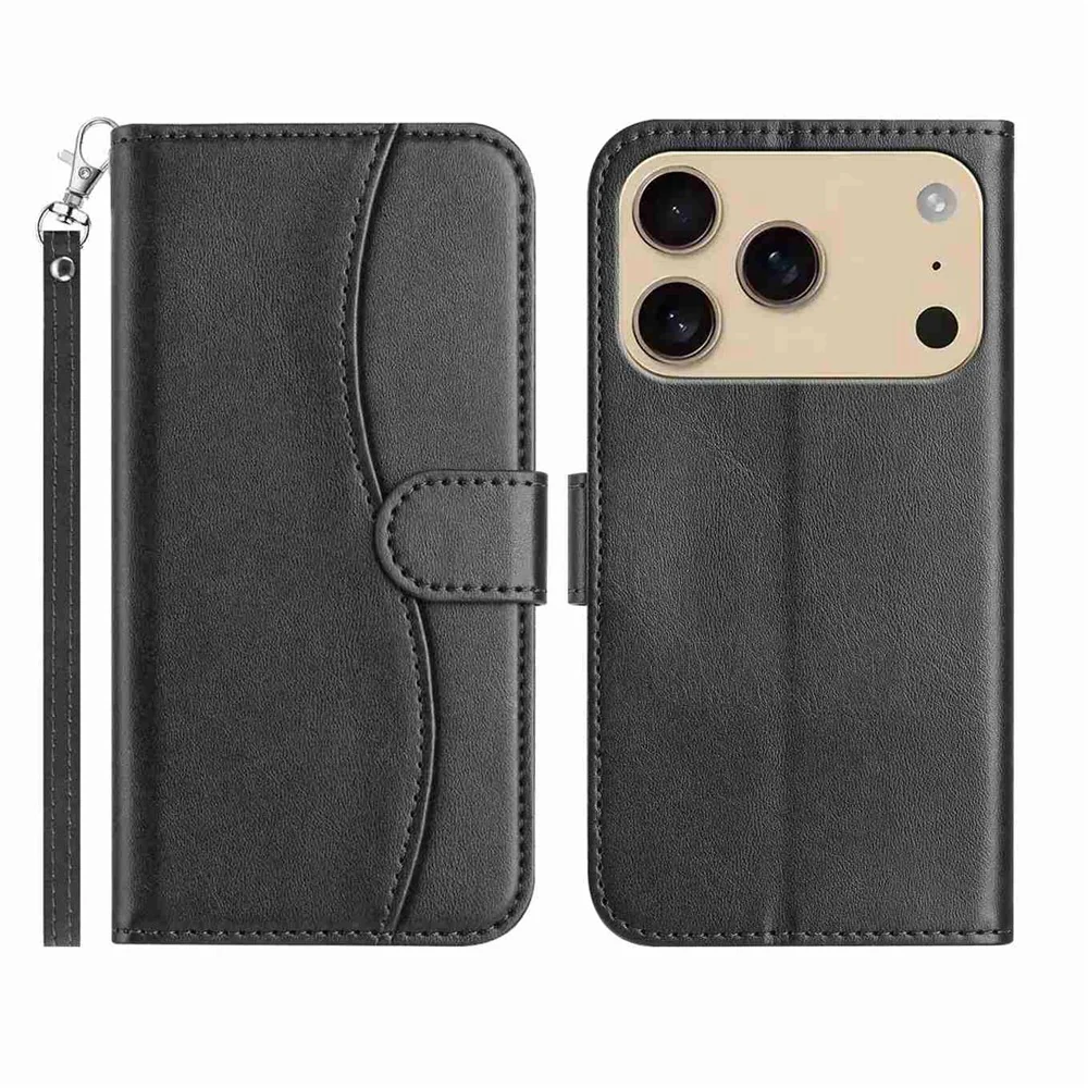 Stand Case for iPhone 17 Pro Max PU Leather Wallet Phone Cover S Shape Stitching Design with Strap - Black