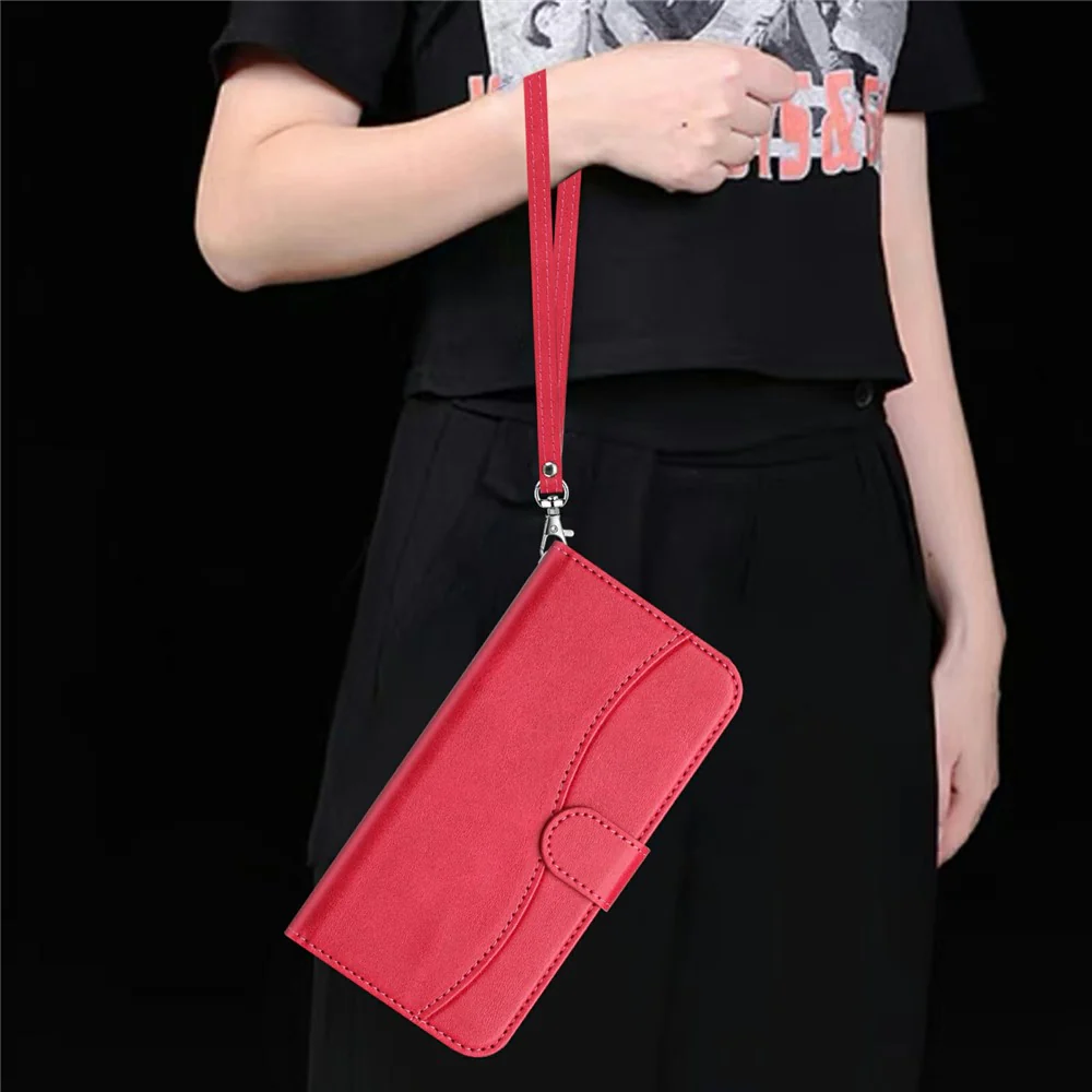 Stand Case for iPhone 17 Pro Max PU Leather Wallet Phone Cover S Shape Stitching Design with Strap - Red - Image 5