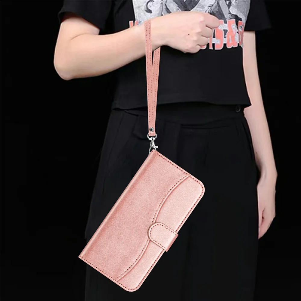 Stand Case for iPhone 17 Pro Max PU Leather Wallet Phone Cover S Shape Stitching Design with Strap - Rose Gold - Image 5