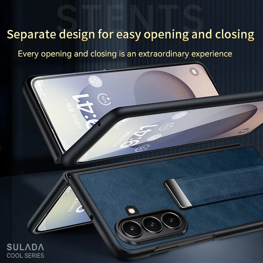 SULADA Fashion Series for Samsung Galaxy Z Fold7 5G PU Leather + PC Phone Case Adjustable Wristband Kickstand Cover - Blue - Image 4