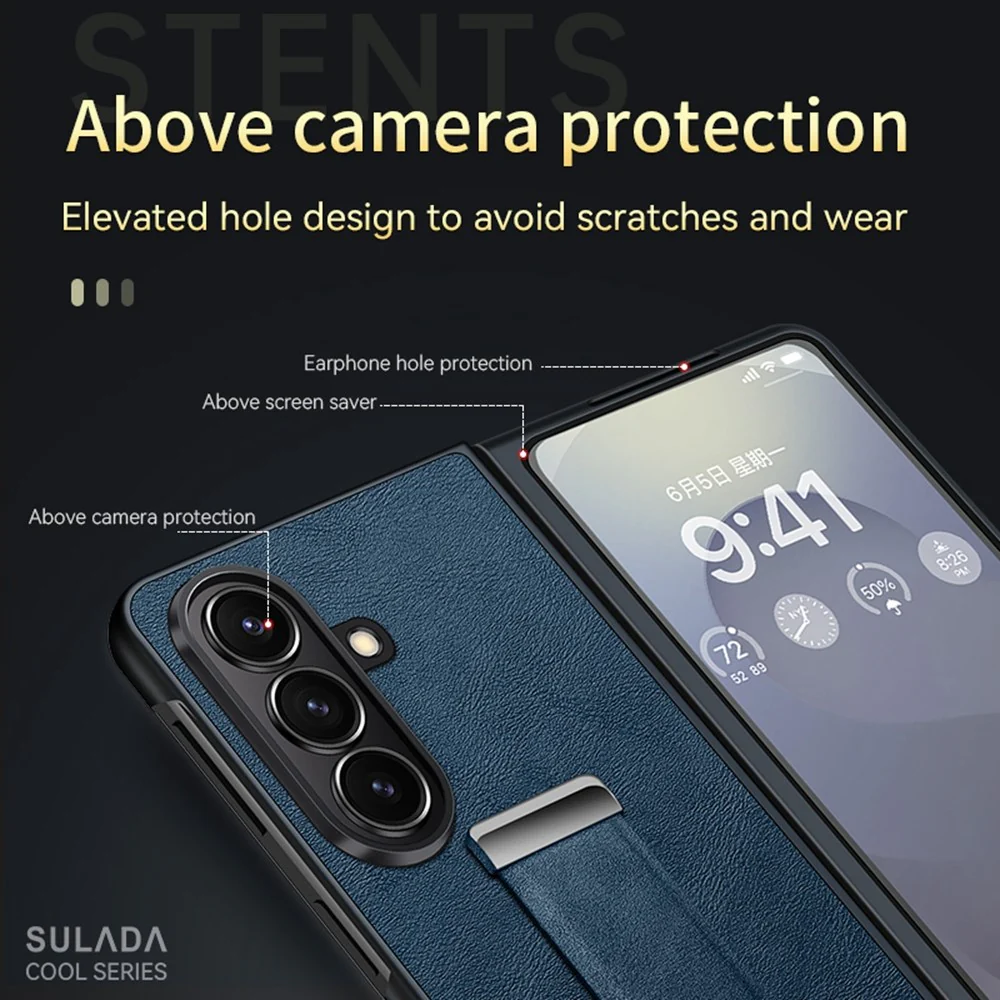 SULADA Fashion Series for Samsung Galaxy Z Fold7 5G PU Leather + PC Phone Case Adjustable Wristband Kickstand Cover - Blue - Image 5