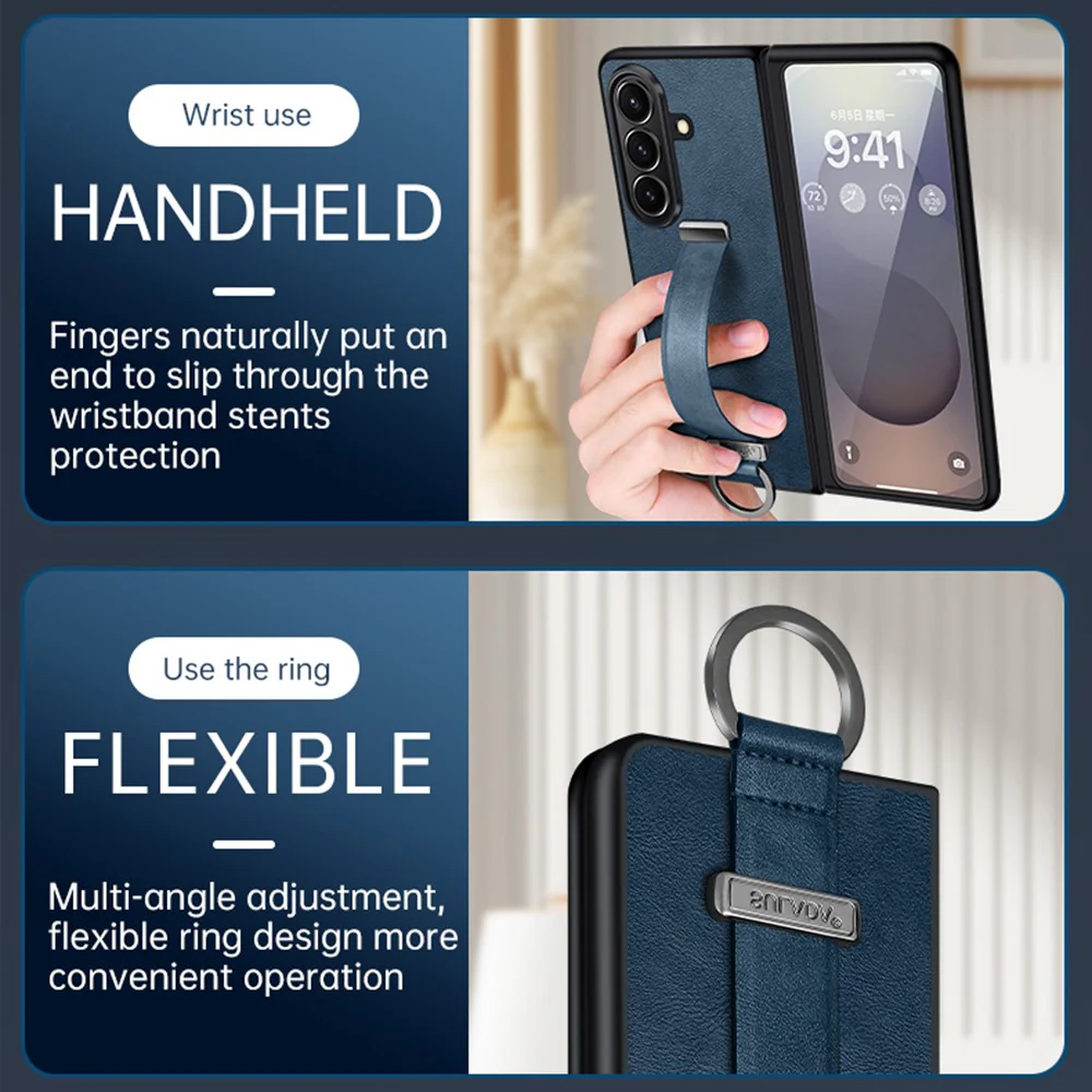 SULADA Fashion Series for Samsung Galaxy Z Fold7 5G PU Leather + PC Phone Case Adjustable Wristband Kickstand Cover - Blue - Image 7