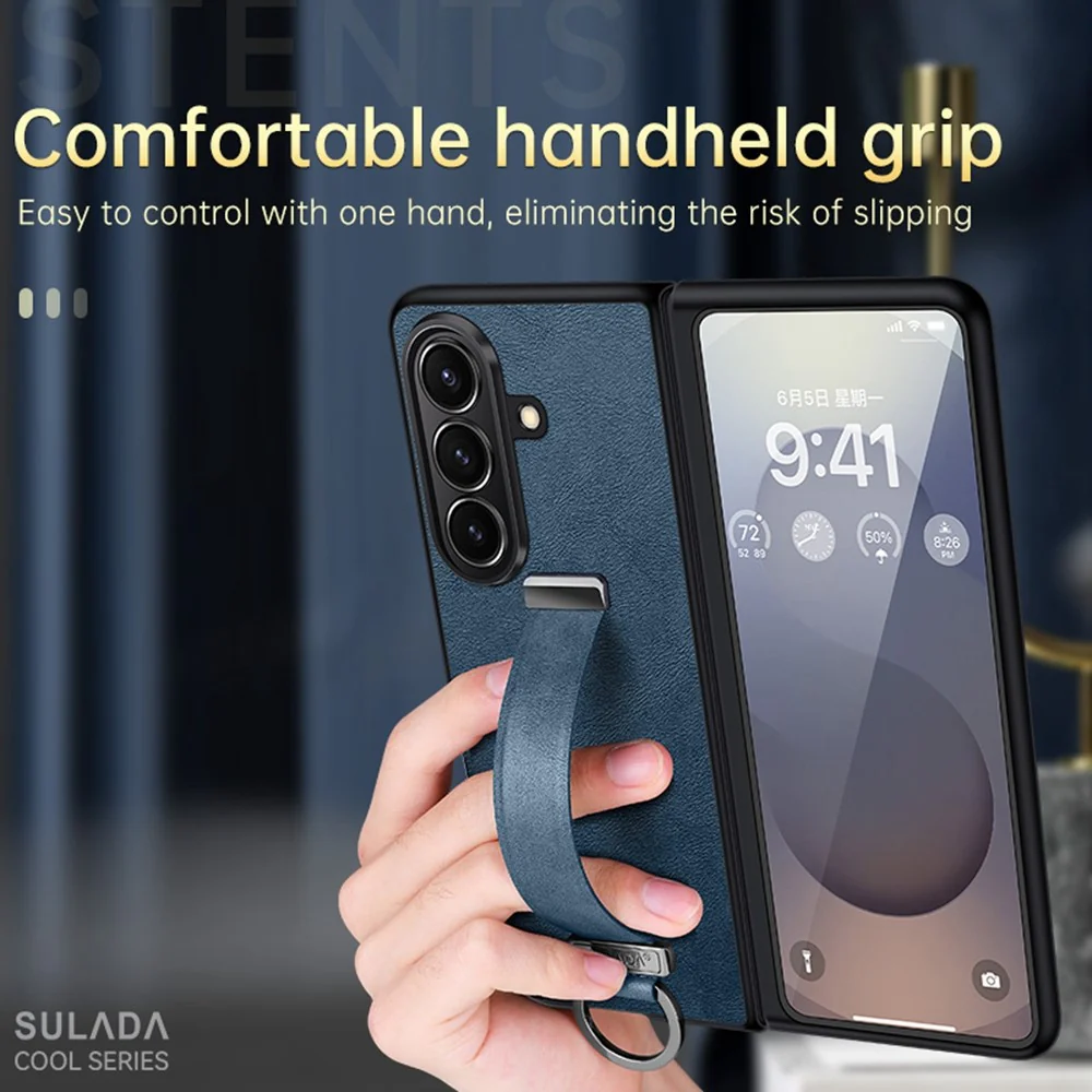SULADA Fashion Series for Samsung Galaxy Z Fold7 5G PU Leather + PC Phone Case Adjustable Wristband Kickstand Cover - Brown - Image 2