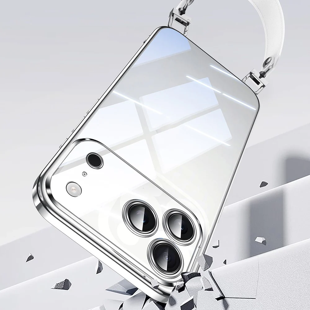 SULADA For iPhone 17 Pro Max Case Electroplating Ultra Clear Soft TPU Phone Cover with PU Wrist Strap - Silver - Image 6