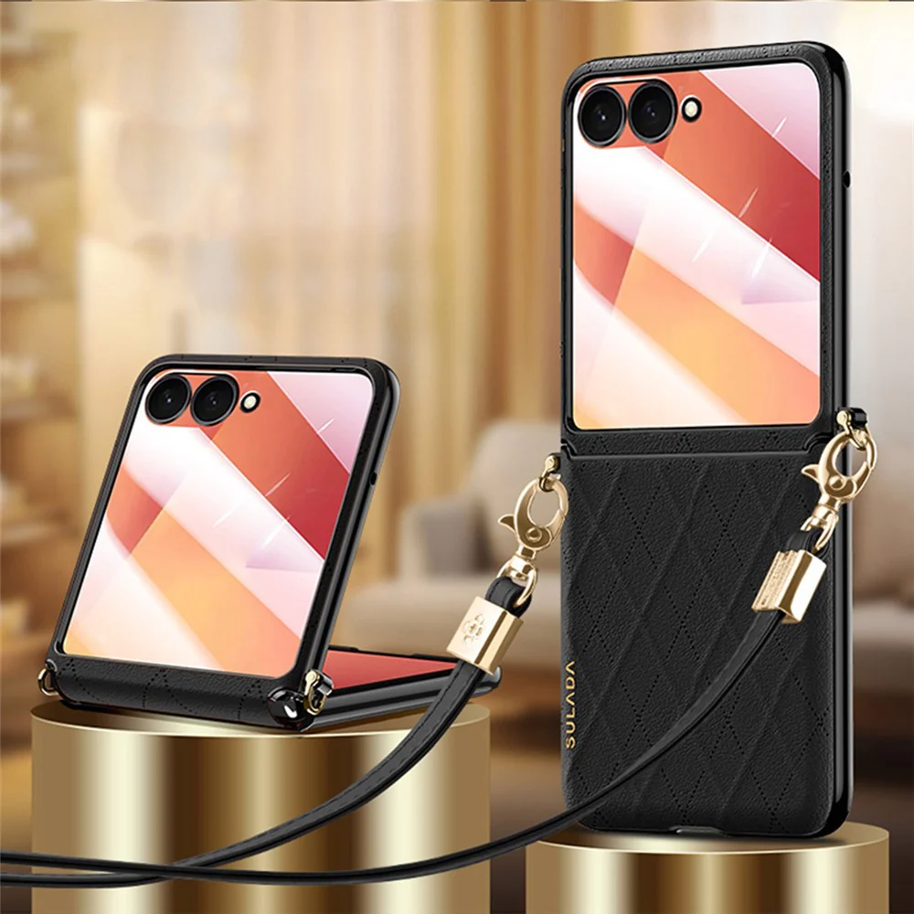 SULADA For Samsung Galaxy Z Flip7 5G Case Rhombus Leather+PC Phone Cover with Shoulder Strap - Black - Image 2