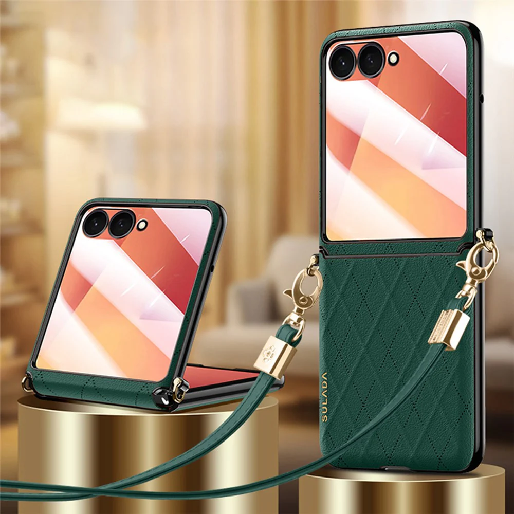 SULADA For Samsung Galaxy Z Flip7 5G Case Rhombus Leather+PC Phone Cover with Shoulder Strap - Green - Image 2