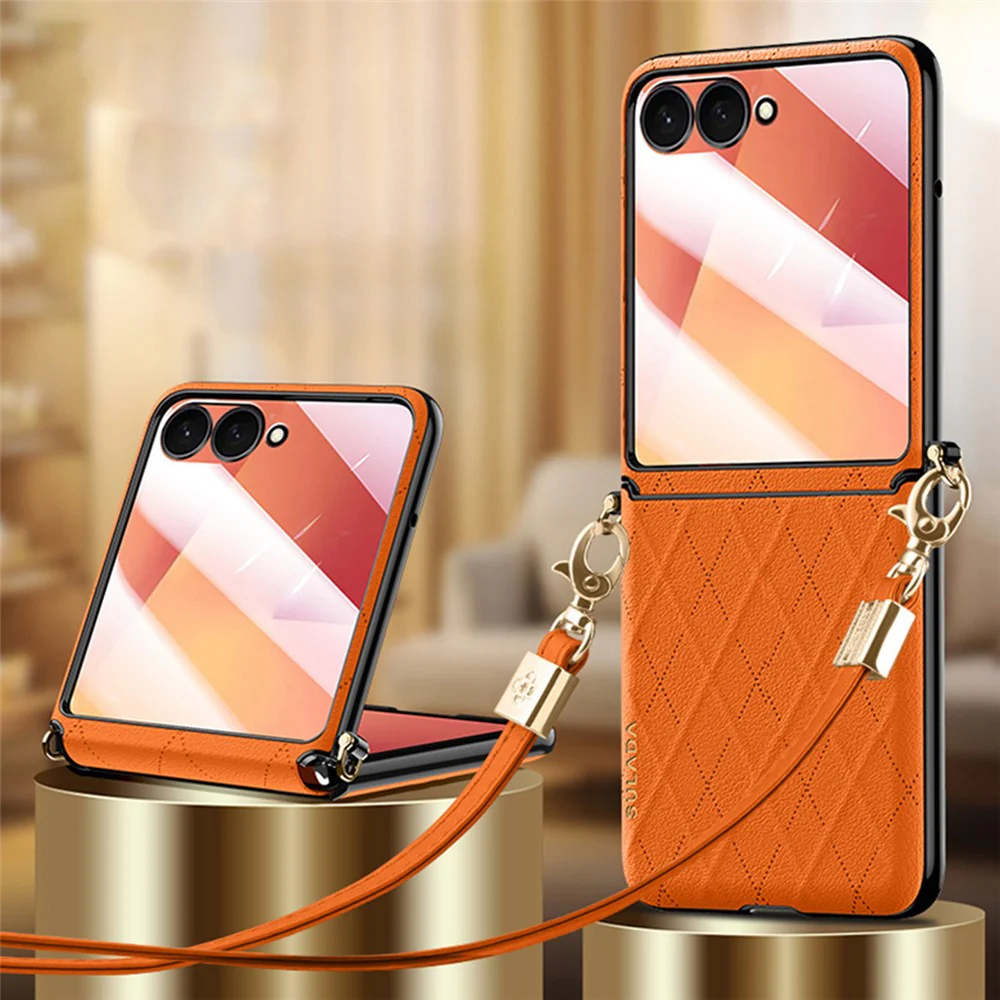 SULADA For Samsung Galaxy Z Flip7 5G Case Rhombus Leather+PC Phone Cover with Shoulder Strap - Orange - Image 2