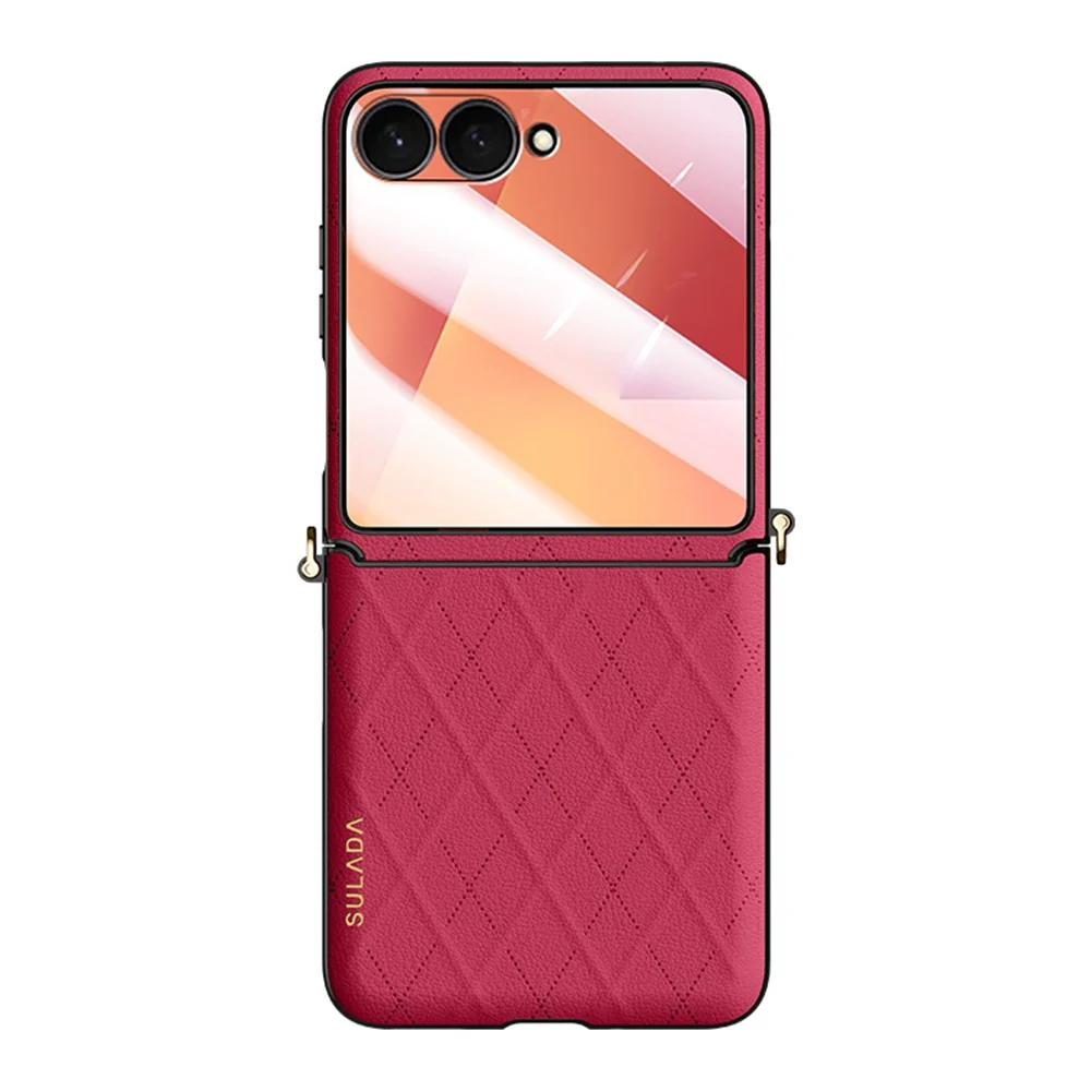 SULADA For Samsung Galaxy Z Flip7 5G Case Rhombus Leather+PC Phone Cover with Shoulder Strap - Red - Image 2