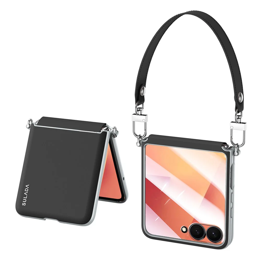 SULADA For Samsung Galaxy Z Flip7 5G Case with Strap Leather Back Phone Cover Hinge Protection - Black