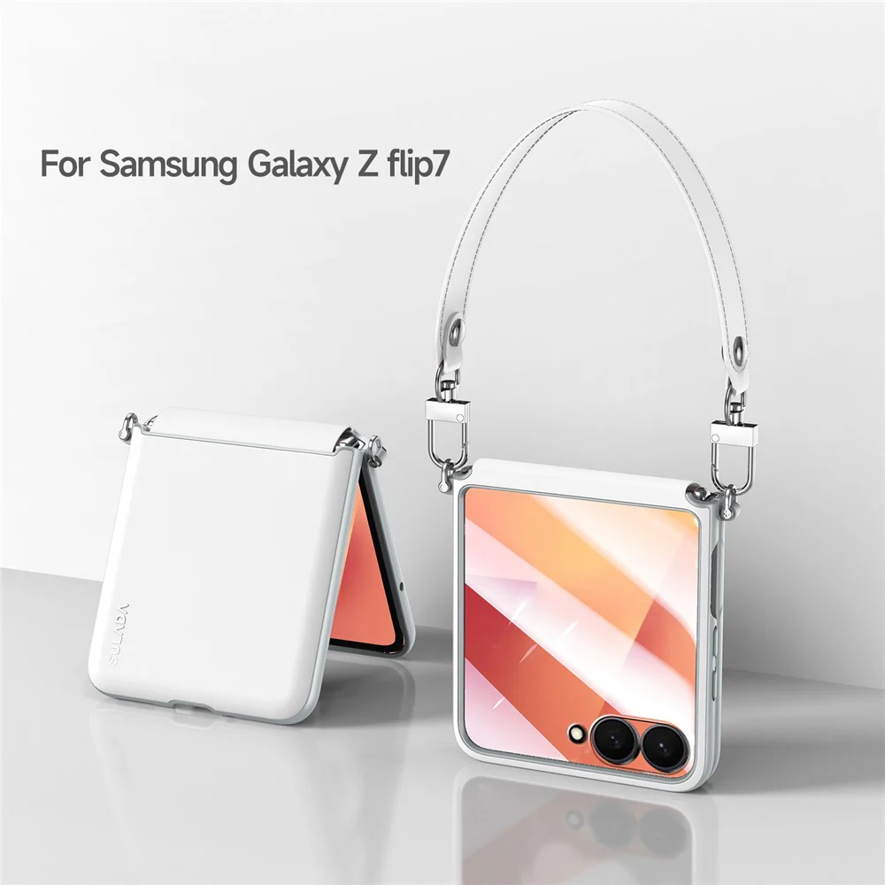 SULADA For Samsung Galaxy Z Flip7 5G Case with Strap Leather Back Phone Cover Hinge Protection - White - Image 2
