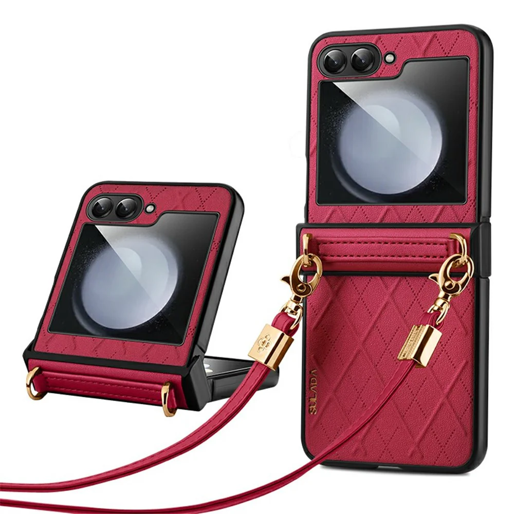 SULADA For Samsung Galaxy Z Flip7 FE 5G / Z Flip6 5G Case Rhombus Leather+PC Phone Cover with Shoulder Strap - Red