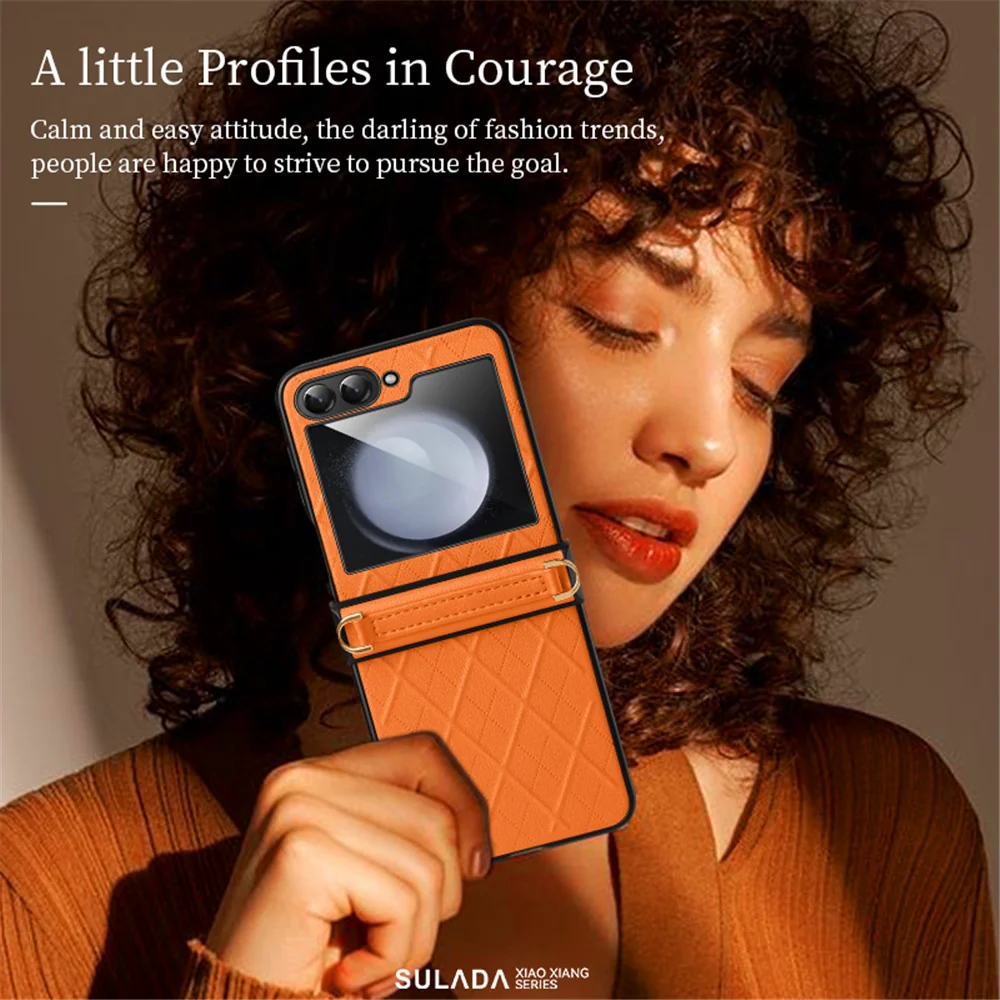 SULADA For Samsung Galaxy Z Flip7 FE 5G / Z Flip6 5G Case Rhombus Leather+PC Phone Cover with Shoulder Strap - Red - Image 2