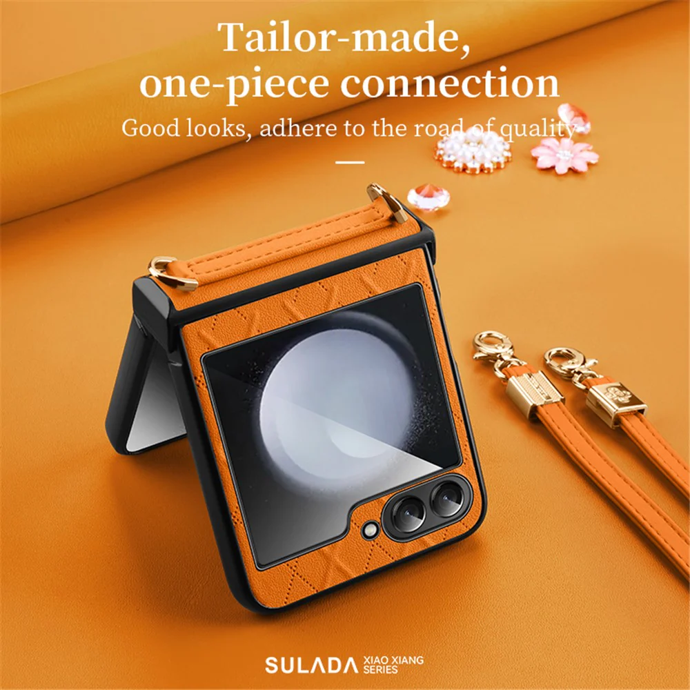 SULADA For Samsung Galaxy Z Flip7 FE 5G / Z Flip6 5G Case Rhombus Leather+PC Phone Cover with Shoulder Strap - Sapphire - Image 3