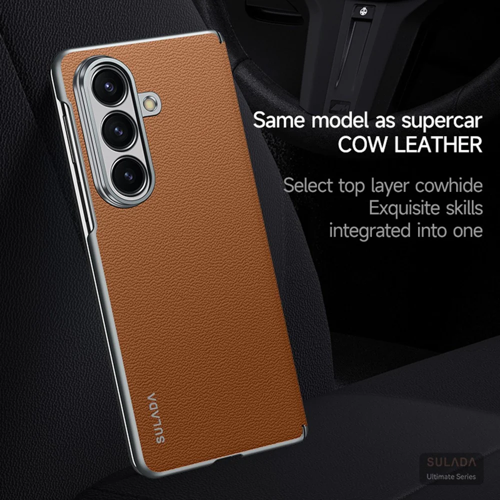 SULADA For Samsung Galaxy Z Fold7 5G Case Genuine Cow Leather Frameless Phone Back Cover - Red - Image 4