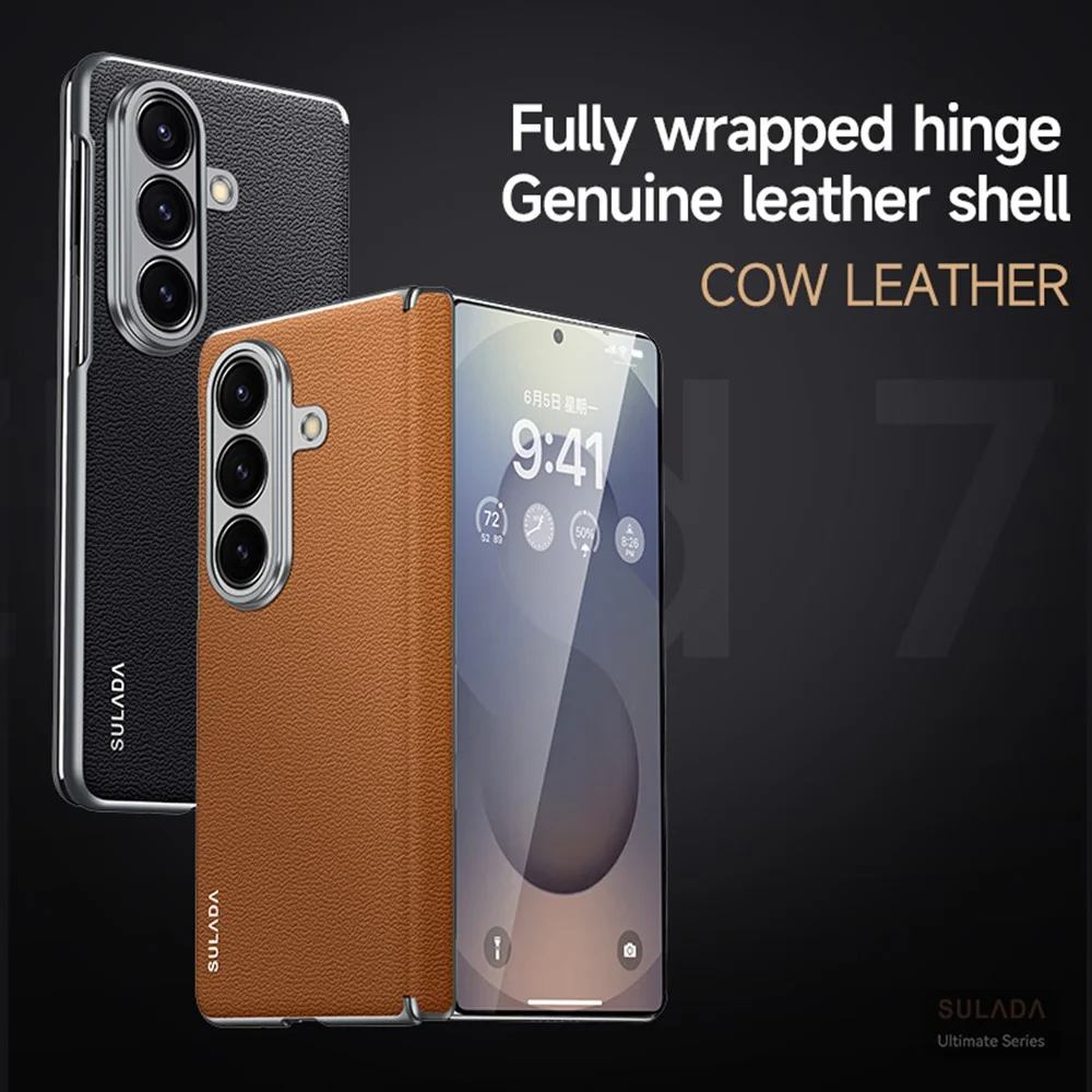 SULADA For Samsung Galaxy Z Fold7 5G Case Genuine Cow Leather Frameless Phone Back Cover - Red - Image 8