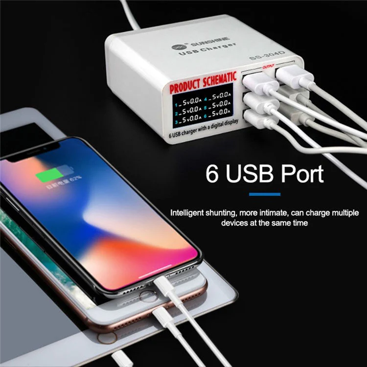 SUNSHINE SSS-304D Universal 6 Ports USB Quick Charger Digital Display Charger for iPhone / iPad Charging Repair Tools - Image 4