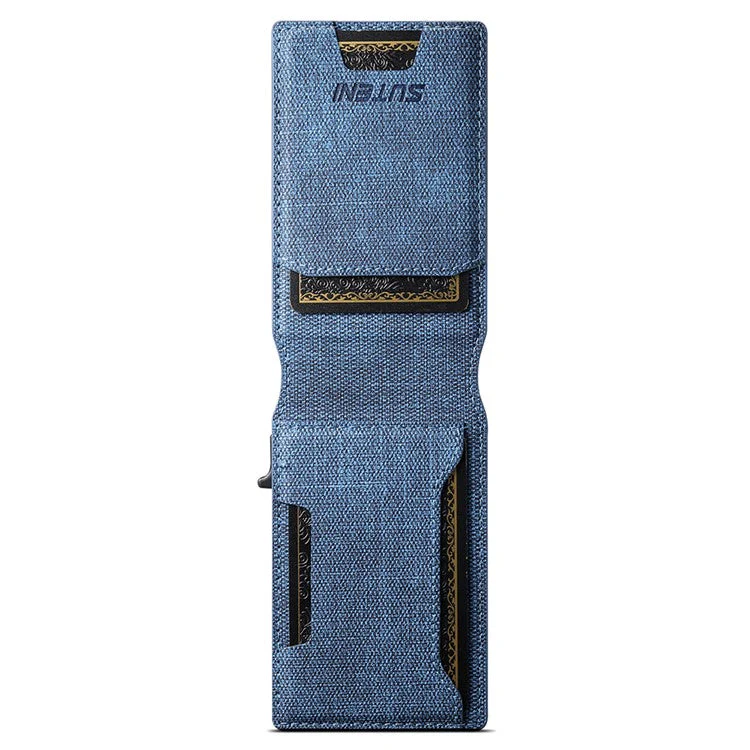 SUTENI Denim Texture PU Leather Card Case Auto Pop Up Card Holder - Blue - Image 4
