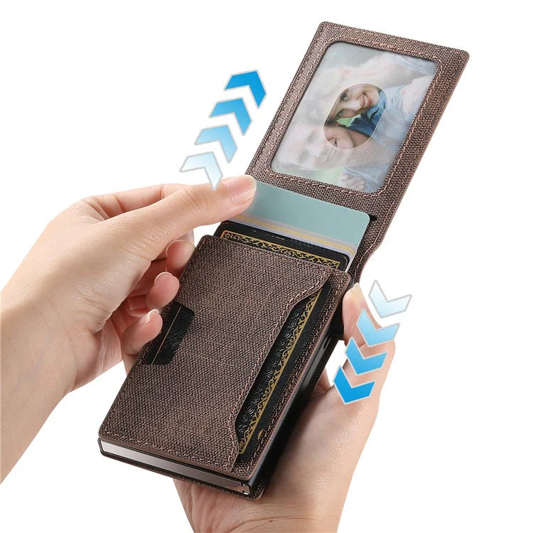 SUTENI Denim Texture PU Leather Card Case Auto Pop Up Card Holder - Brown - Image 5