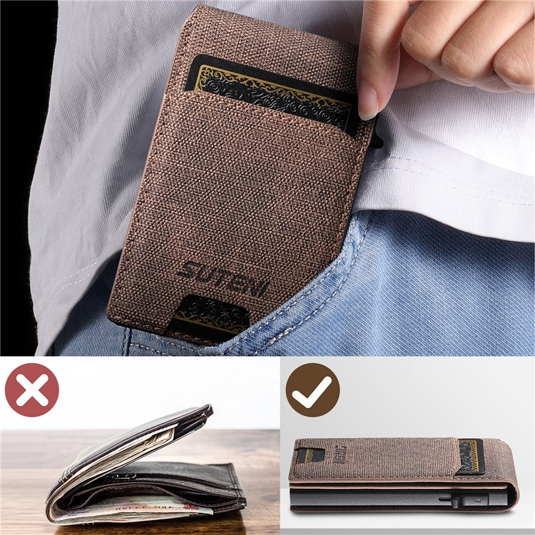 SUTENI Denim Texture PU Leather Card Case Auto Pop Up Card Holder - Brown - Image 6