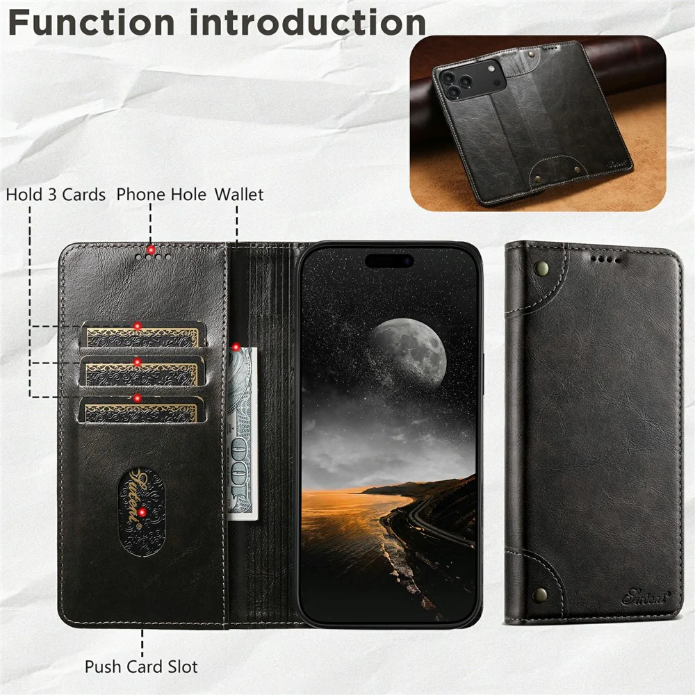 SUTENI For iPhone 17 Pro Max Case PU Leather Stand Wallet Phone Cover - Black - Image 2