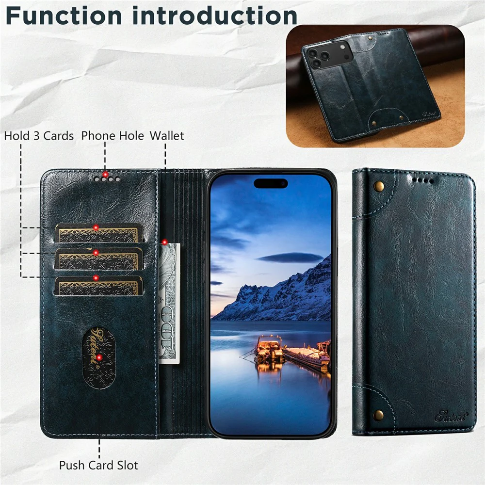 SUTENI For iPhone 17 Pro Max Case PU Leather Stand Wallet Phone Cover - Blue - Image 2