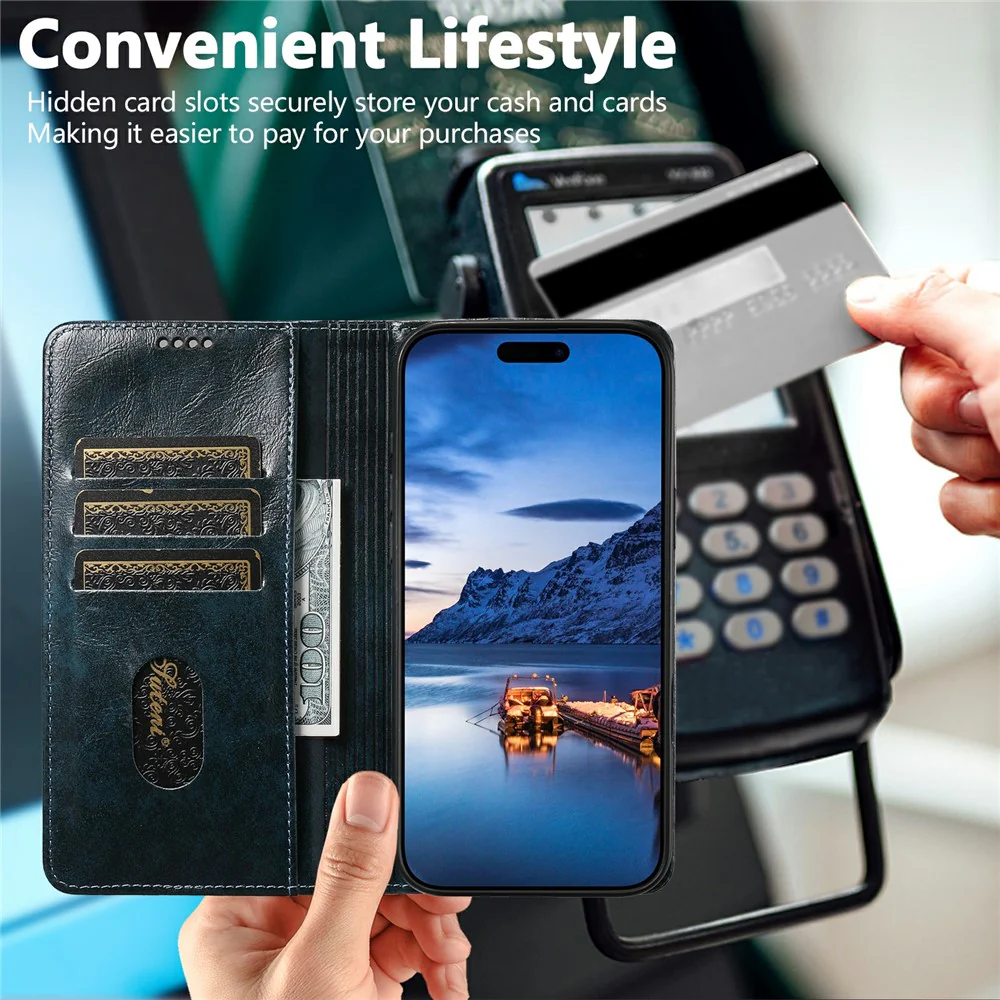 SUTENI For iPhone 17 Pro Max Case PU Leather Stand Wallet Phone Cover - Blue - Image 4
