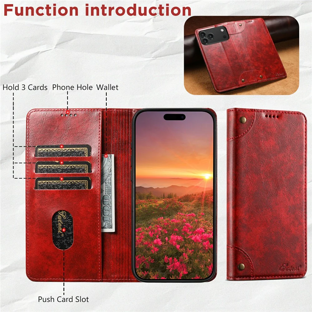 SUTENI For iPhone 17 Pro Max Case PU Leather Stand Wallet Phone Cover - Red - Image 2