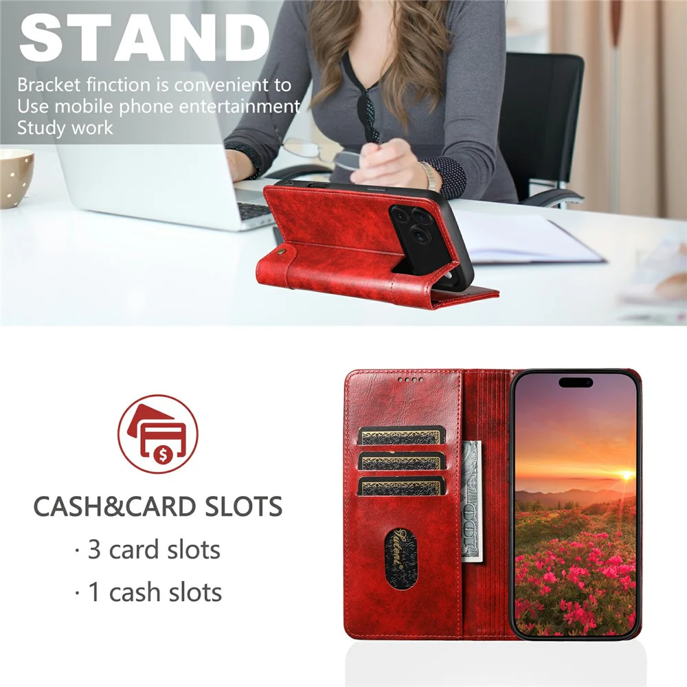 SUTENI For iPhone 17 Pro Max Case PU Leather Stand Wallet Phone Cover - Red - Image 3