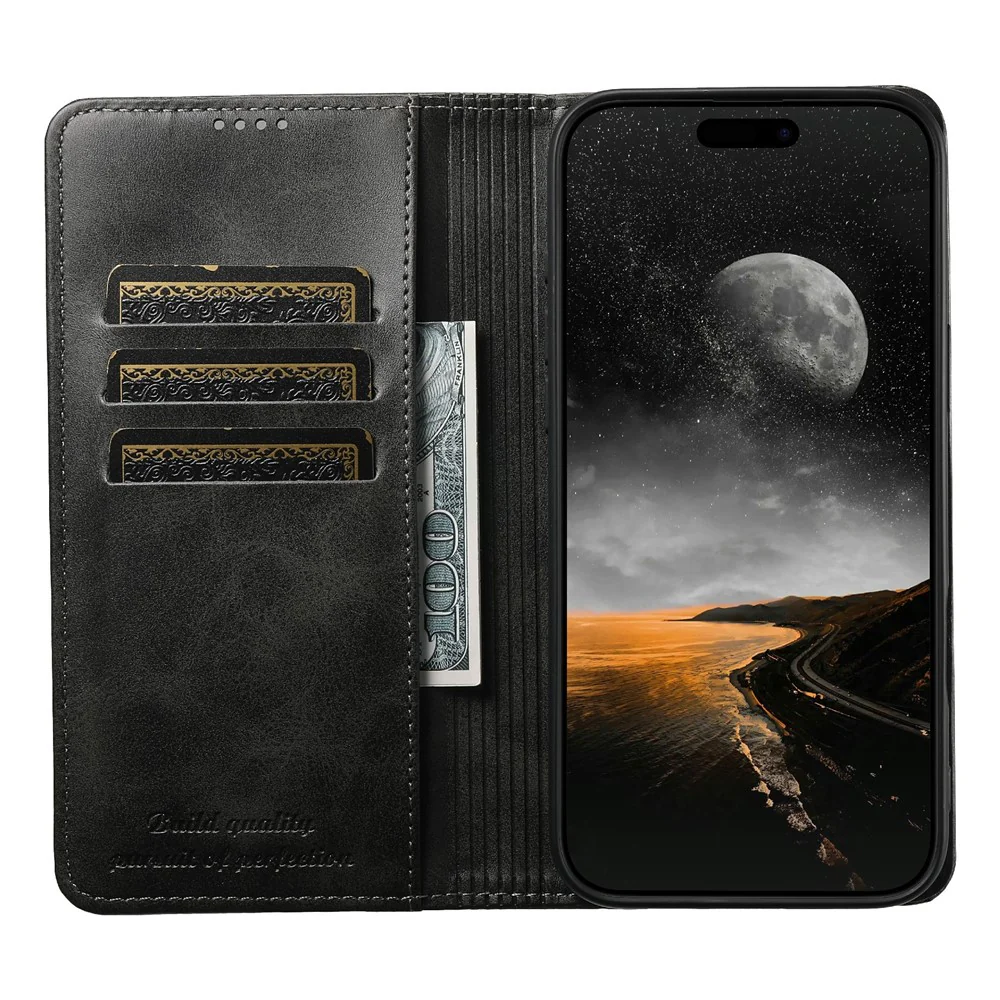 SUTENI For iPhone 17 Pro Max Case PU Leather Wallet Stand Magnetic Closing Phone Cover - Black - Image 2