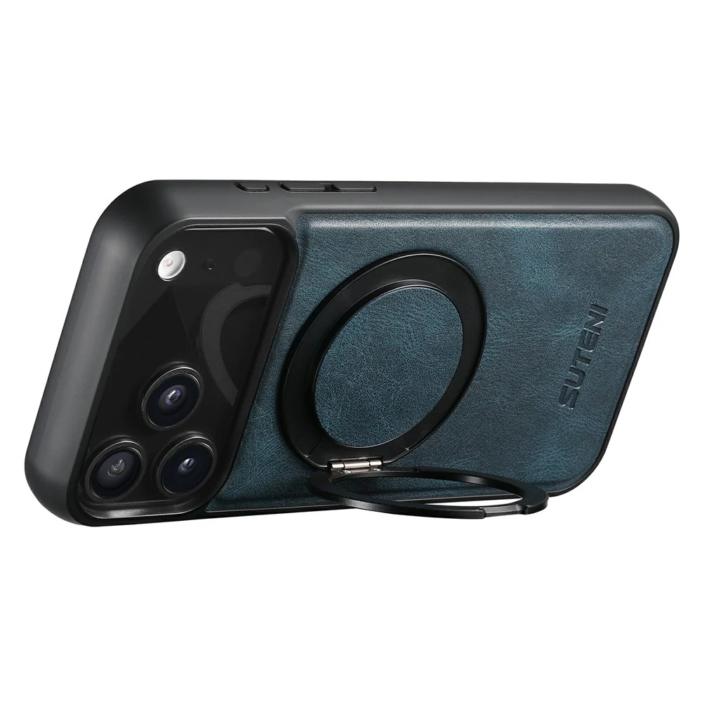 SUTENI G3 For iPhone 17 Pro Max Case Compatible with MagSafe Waxy Texture Rotating Kickstand Leather Phone Back Cover - Blue - Image 3
