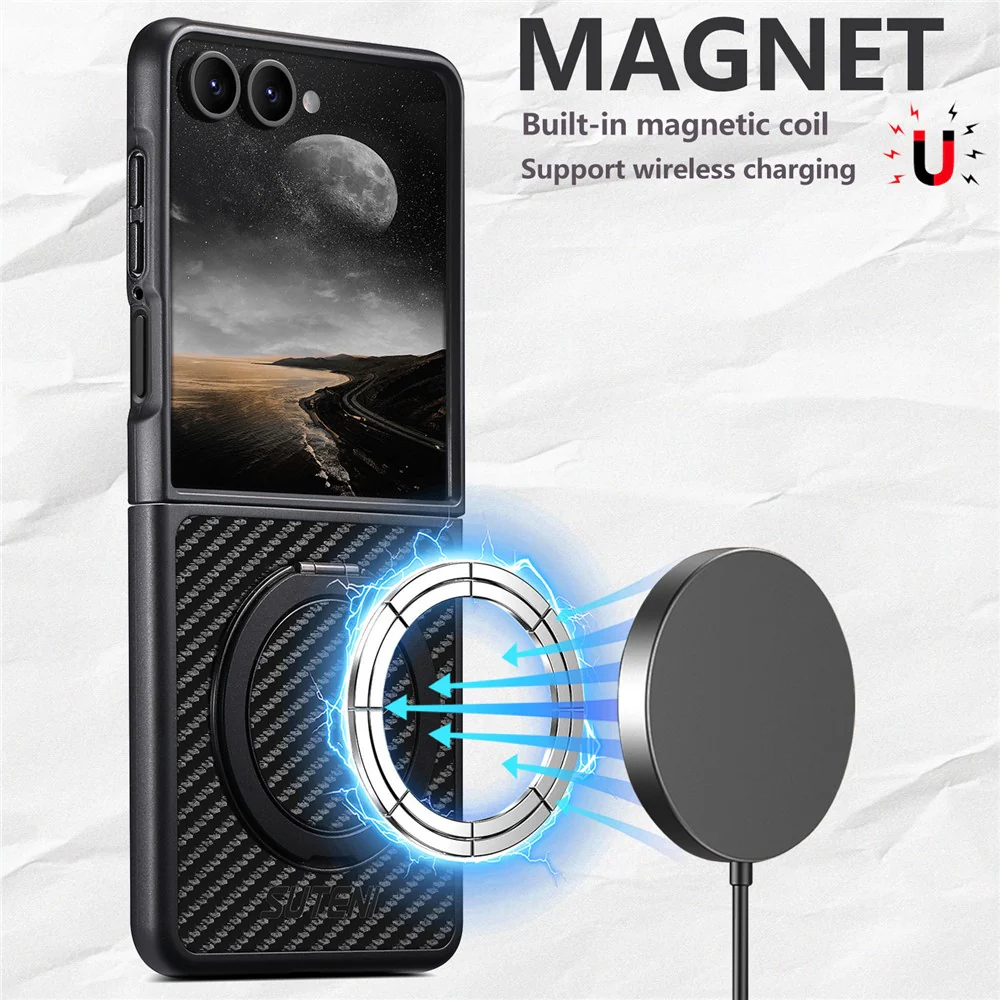 SUTENI G3 For Samsung Galaxy Z Flip7 5G Magnetic Case Rotating Kickstand Carbon Fiber Texture Leather Phone Back Cover - Image 6