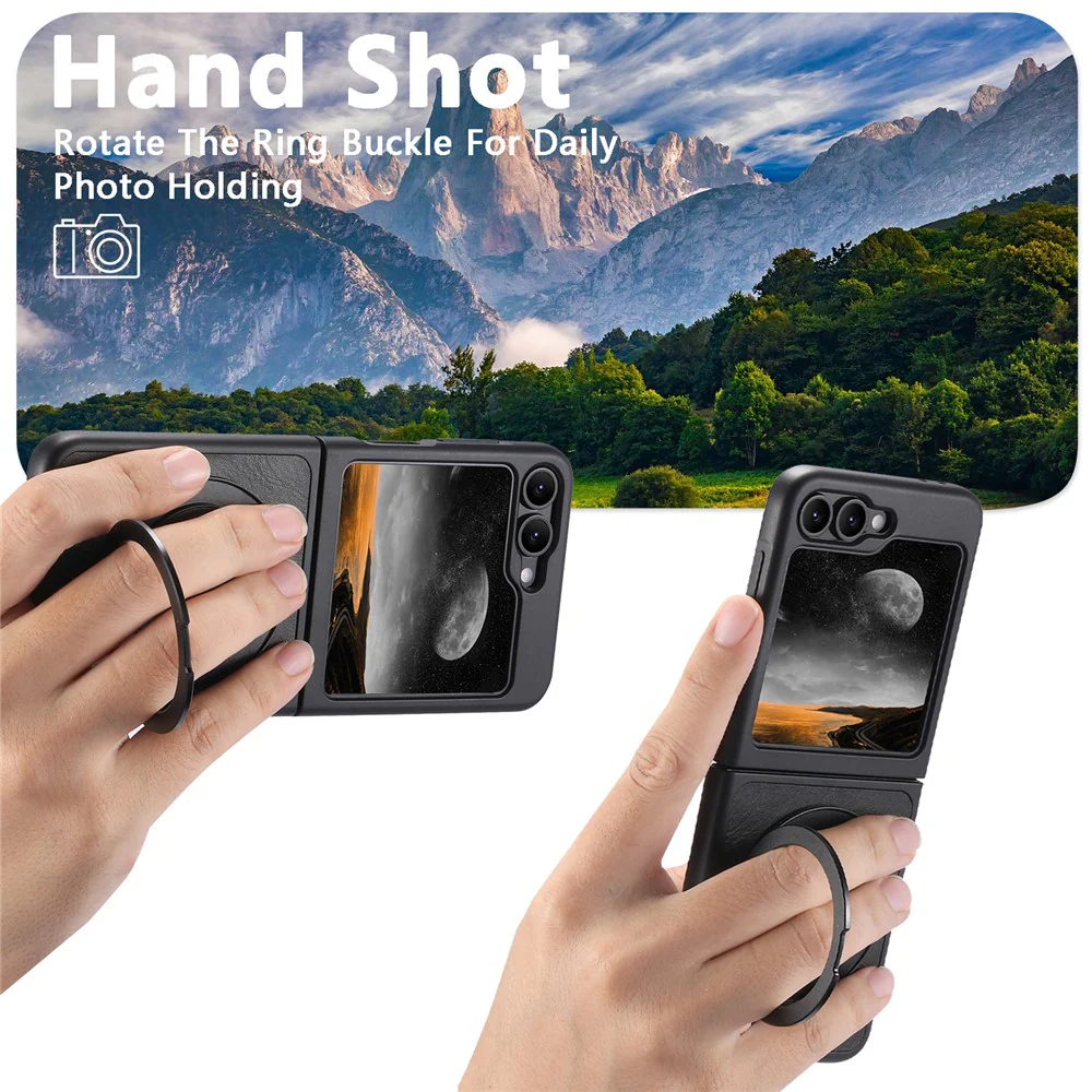 SUTENI G3 For Samsung Galaxy Z Flip7 FE 5G / Z Flip6 5G Case Compatible with MagSafe Waxy Texture Rotating Kickstand Leather Phone Back Cover - Black - Image 8