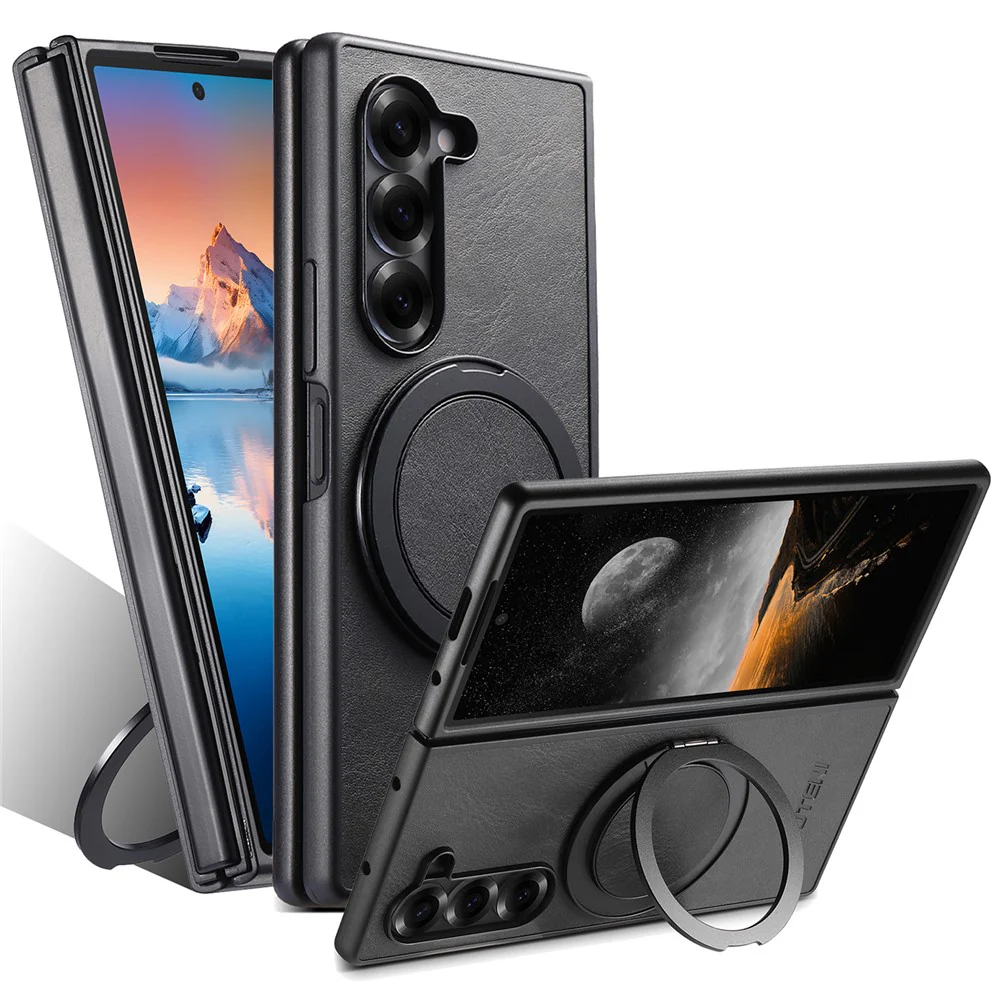 SUTENI G3 For Samsung Galaxy Z Fold7 5G Case Compatible with MagSafe Waxy Texture Rotating Kickstand Leather Phone Back Cover - Black