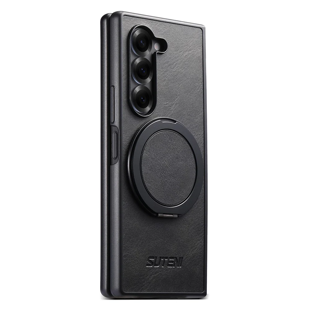 SUTENI G3 For Samsung Galaxy Z Fold7 5G Case Compatible with MagSafe Waxy Texture Rotating Kickstand Leather Phone Back Cover - Black - Image 5