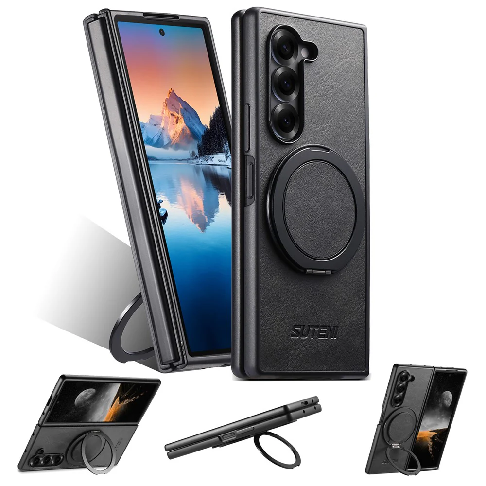 SUTENI G3 For Samsung Galaxy Z Fold7 5G Case Compatible with MagSafe Waxy Texture Rotating Kickstand Leather Phone Back Cover - Black - Image 6