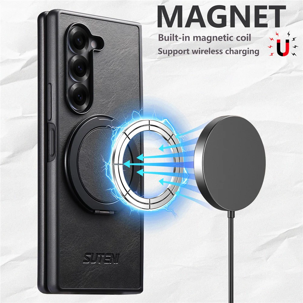 SUTENI G3 For Samsung Galaxy Z Fold7 5G Case Compatible with MagSafe Waxy Texture Rotating Kickstand Leather Phone Back Cover - Black - Image 8