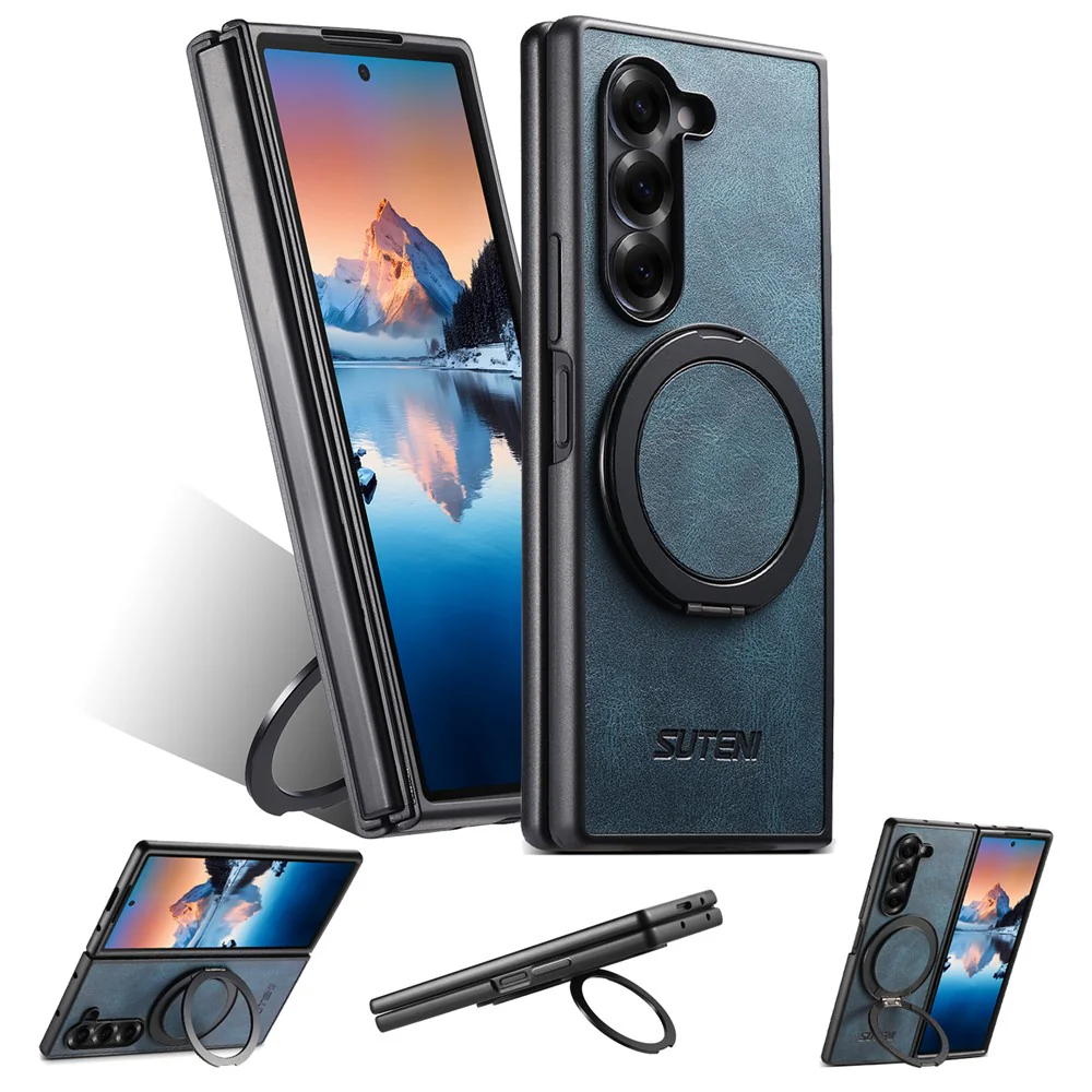 SUTENI G3 For Samsung Galaxy Z Fold7 5G Case Compatible with MagSafe Waxy Texture Rotating Kickstand Leather Phone Back Cover - Blue - Image 5