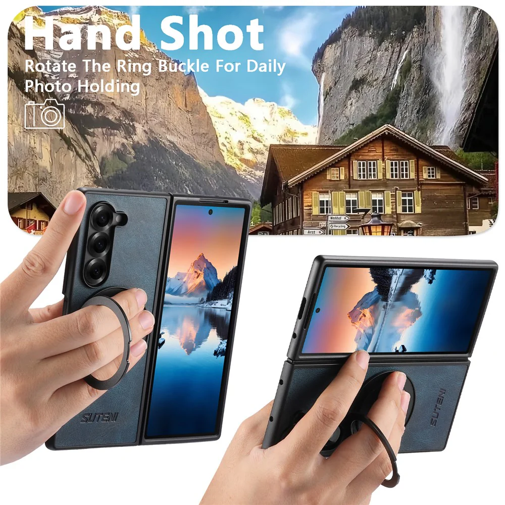 SUTENI G3 For Samsung Galaxy Z Fold7 5G Case Compatible with MagSafe Waxy Texture Rotating Kickstand Leather Phone Back Cover - Blue - Image 7