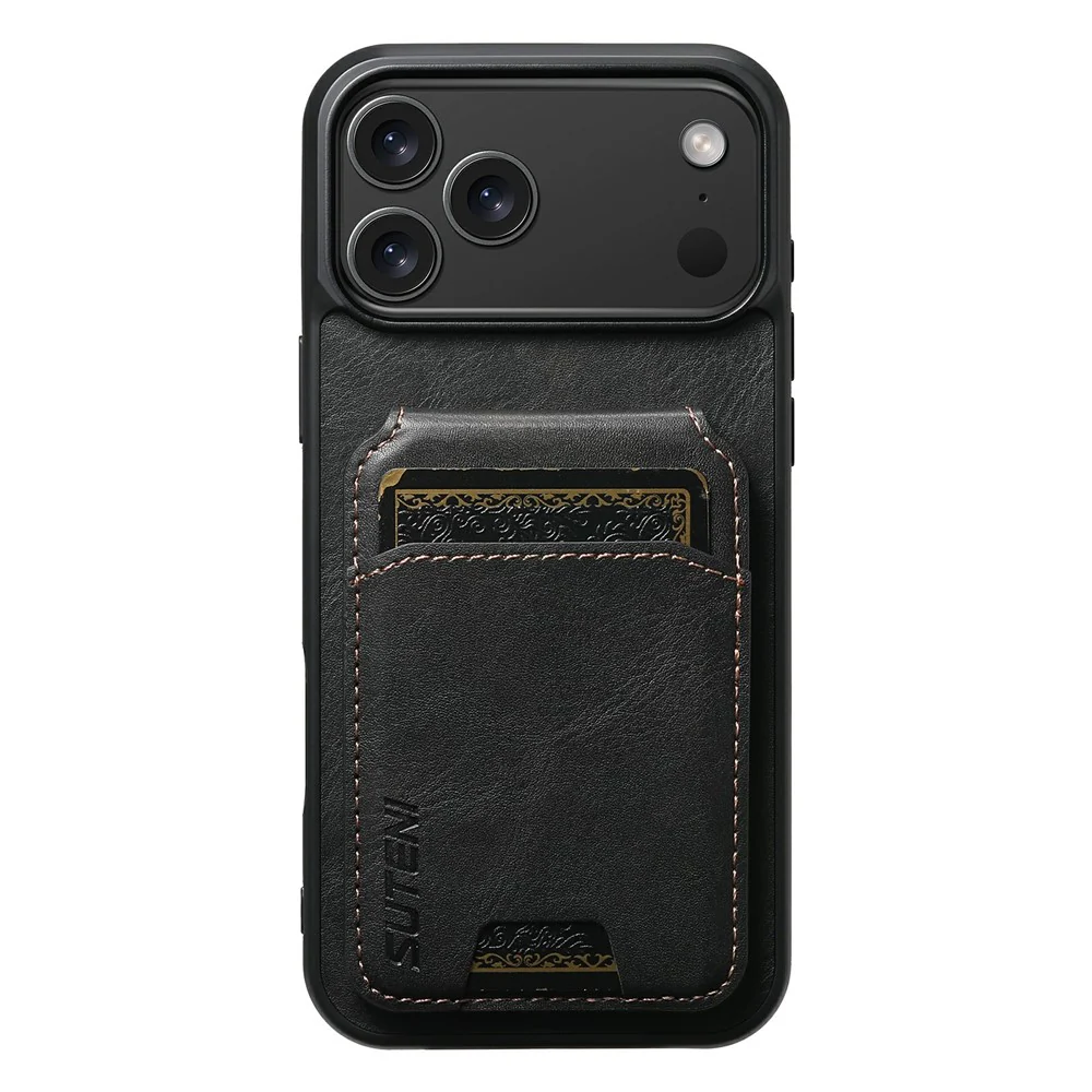 SUTENI H02 For iPhone 17 Pro Max Case Waxy Texture Leather + TPU Card Slots Kickstand Phone Cover - Black - Image 2
