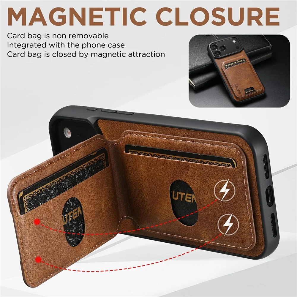 SUTENI H02 For iPhone 17 Pro Max Case Waxy Texture Leather + TPU Card Slots Kickstand Phone Cover - Brown - Image 7