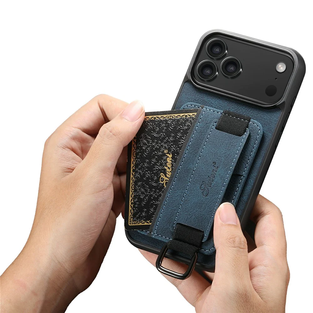 SUTENI H13 For iPhone 17 Pro Max Case Litchi Texture Leather + TPU + PC Phone Cover with Card Holder Kickstand - Blue - Image 4