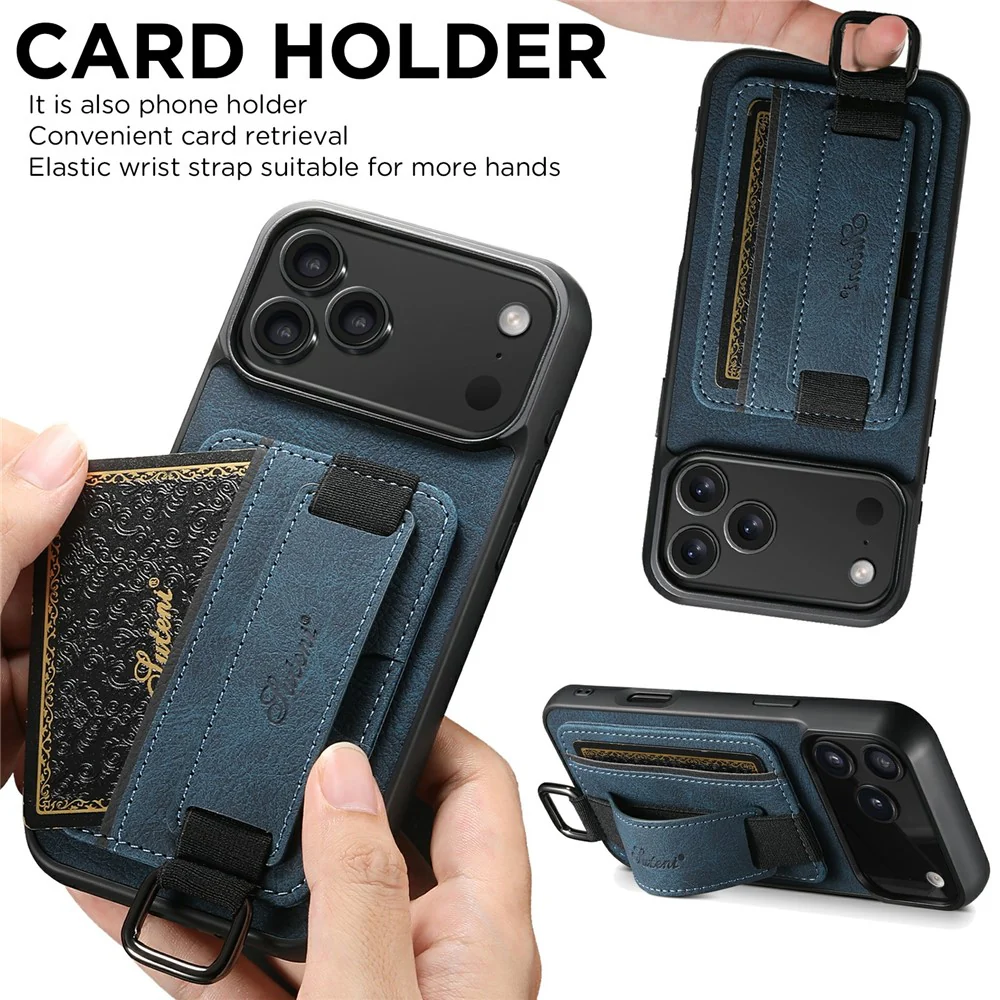 SUTENI H13 For iPhone 17 Pro Max Case Litchi Texture Leather + TPU + PC Phone Cover with Card Holder Kickstand - Blue - Image 7