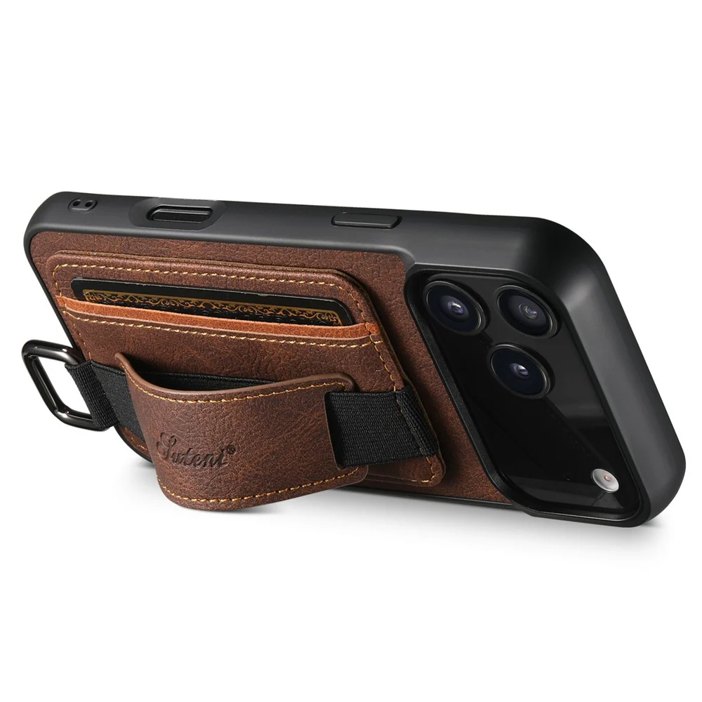 SUTENI H13 For iPhone 17 Pro Max Case Litchi Texture Leather + TPU + PC Phone Cover with Card Holder Kickstand - Brown - Image 2
