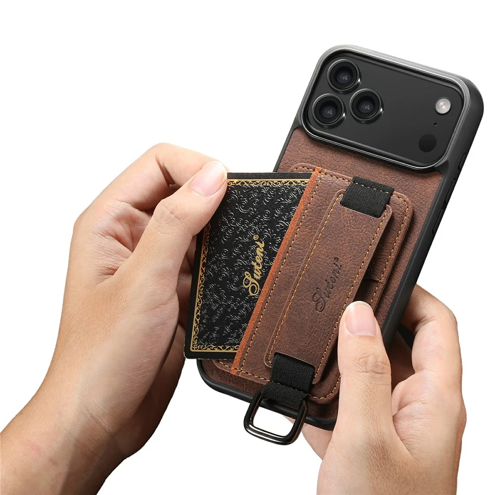 SUTENI H13 For iPhone 17 Pro Max Case Litchi Texture Leather + TPU + PC Phone Cover with Card Holder Kickstand - Brown - Image 4
